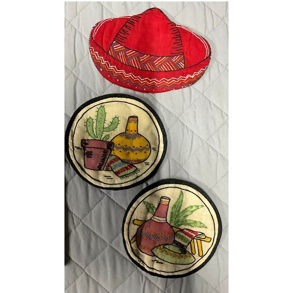 VTG Handmade 5 Pc Set Tea Towels Hot Pads Hand Stitched Southwest Mexcian Themed - Picture 3 of 10